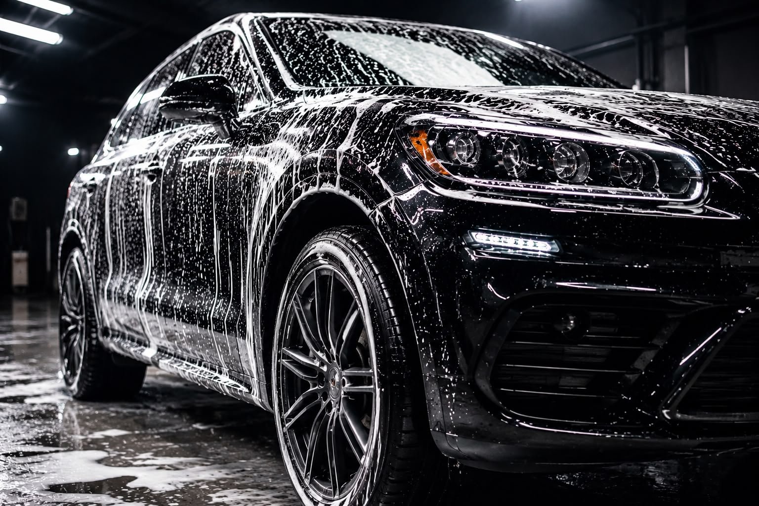 Black SUV covered in thick foam during exterior wash