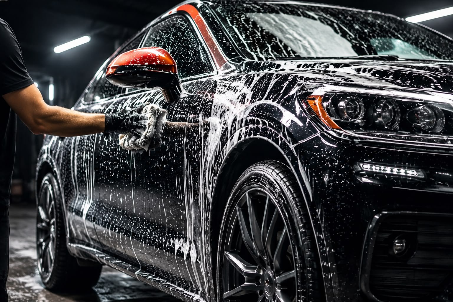Technician hand washing a foam-covered black SUV