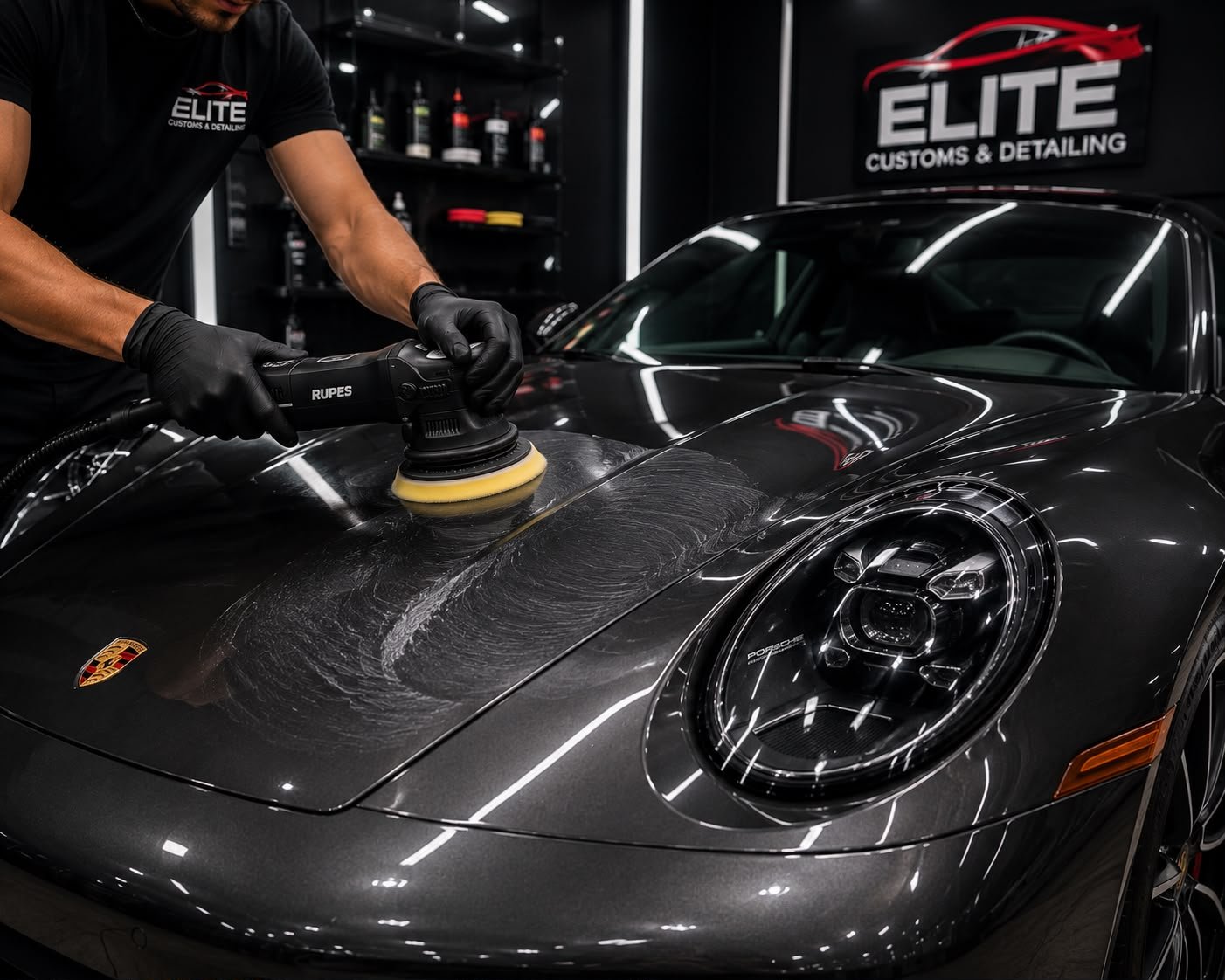 PG Elite Customs technician machine polishing a Porsche 911