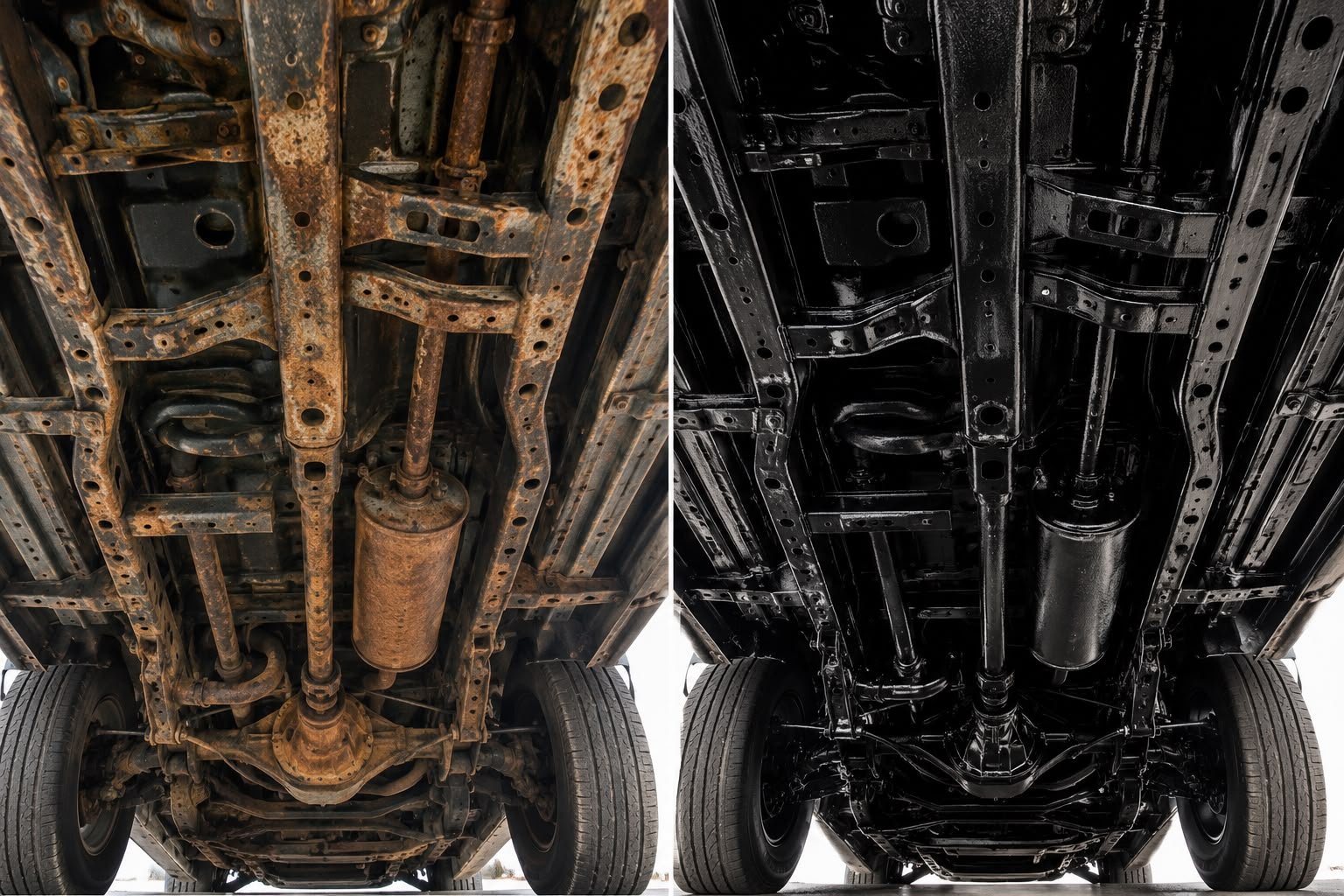Rusty truck underbody fully restored and coated black