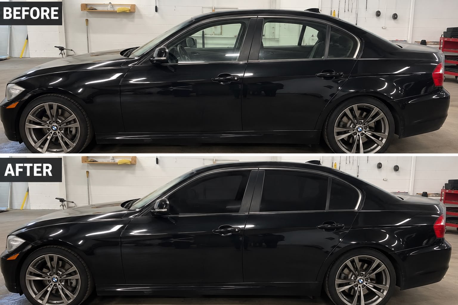 Before and after window tint on a black BMW sedan